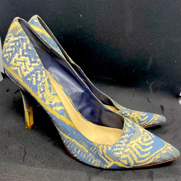 Nine West African Print Yellow/Blue Heels - Picture 1 of 4
